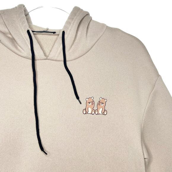 SHEIN Womens Bear Print Kangaroo Pocket Drawstring Hoodie Pullover Beige Size S - Picture 2 of 7